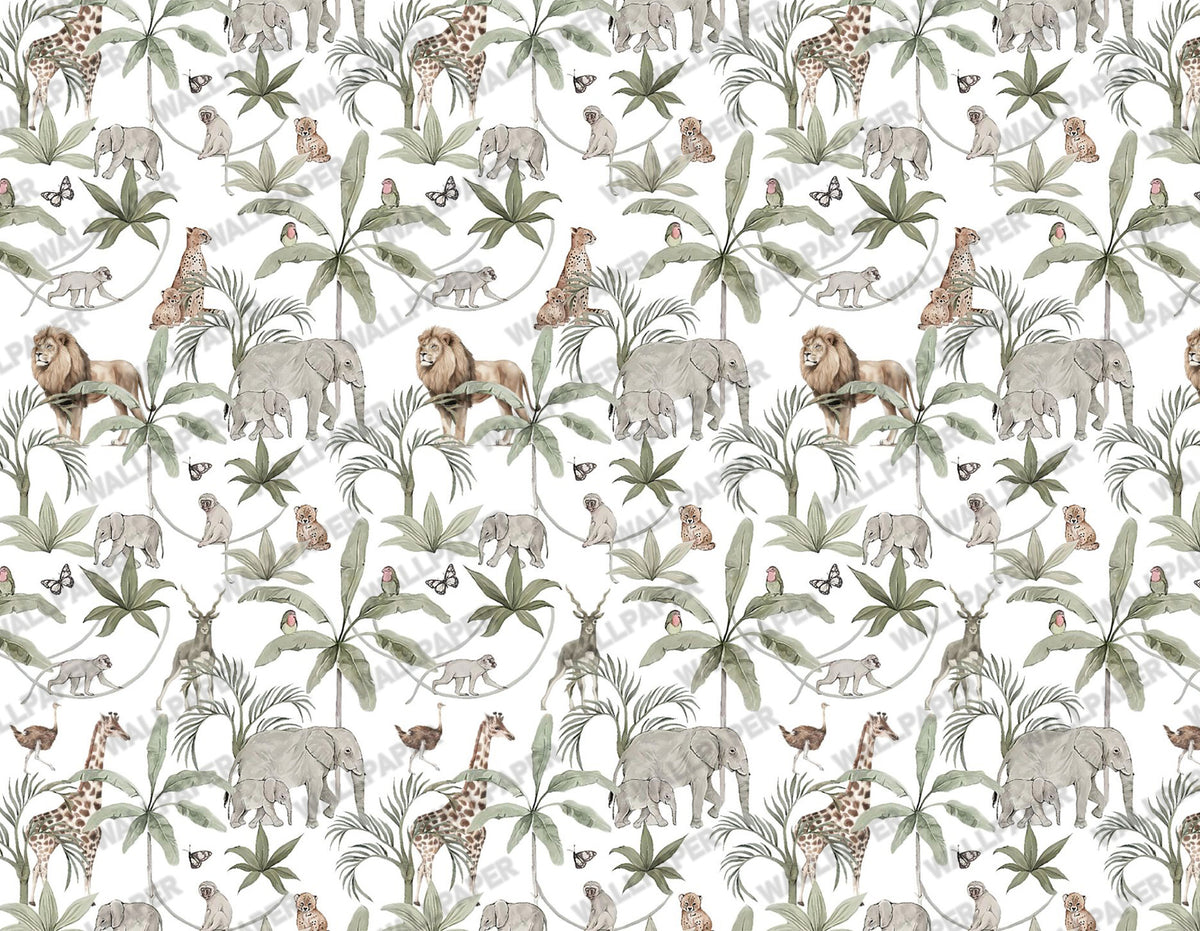 White Safari Palm Wallpaper : Jungle Animal Kids Toile Wall Mural - View 2