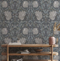 Smoke Blue Damask Wallpaper : Silver Arts and Crafts Floral Mural