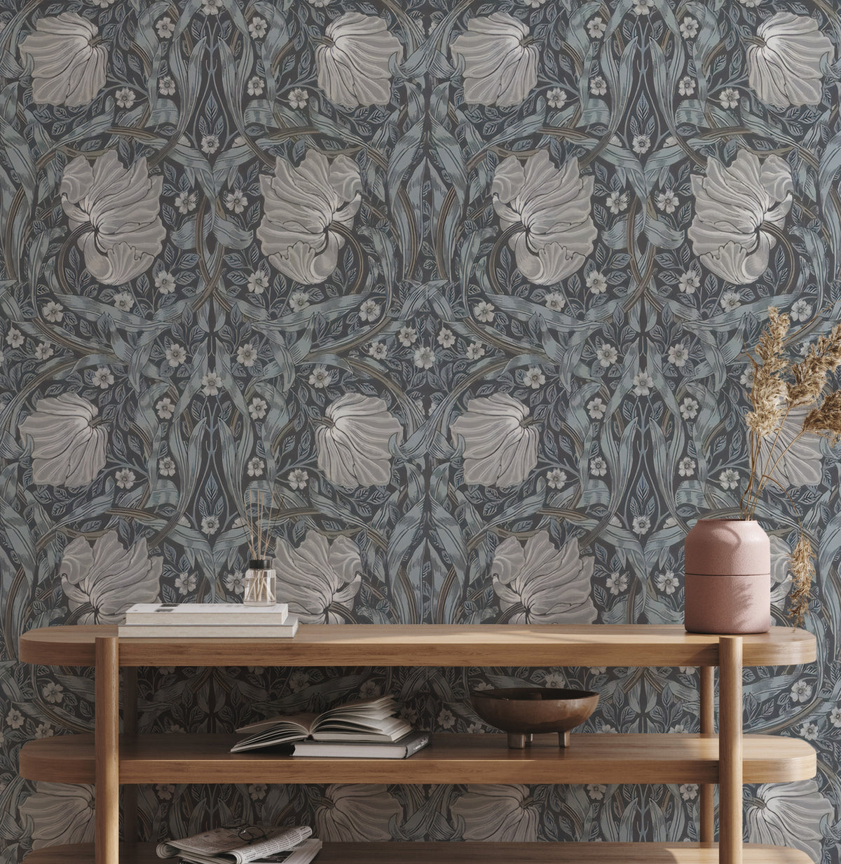 Smoke Blue Damask Wallpaper : Silver Arts and Crafts Floral Mural