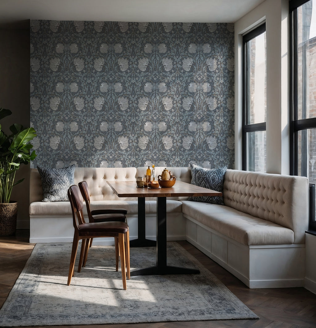 Smoke Blue Damask Wallpaper : Silver Arts and Crafts Floral Mural - View 6