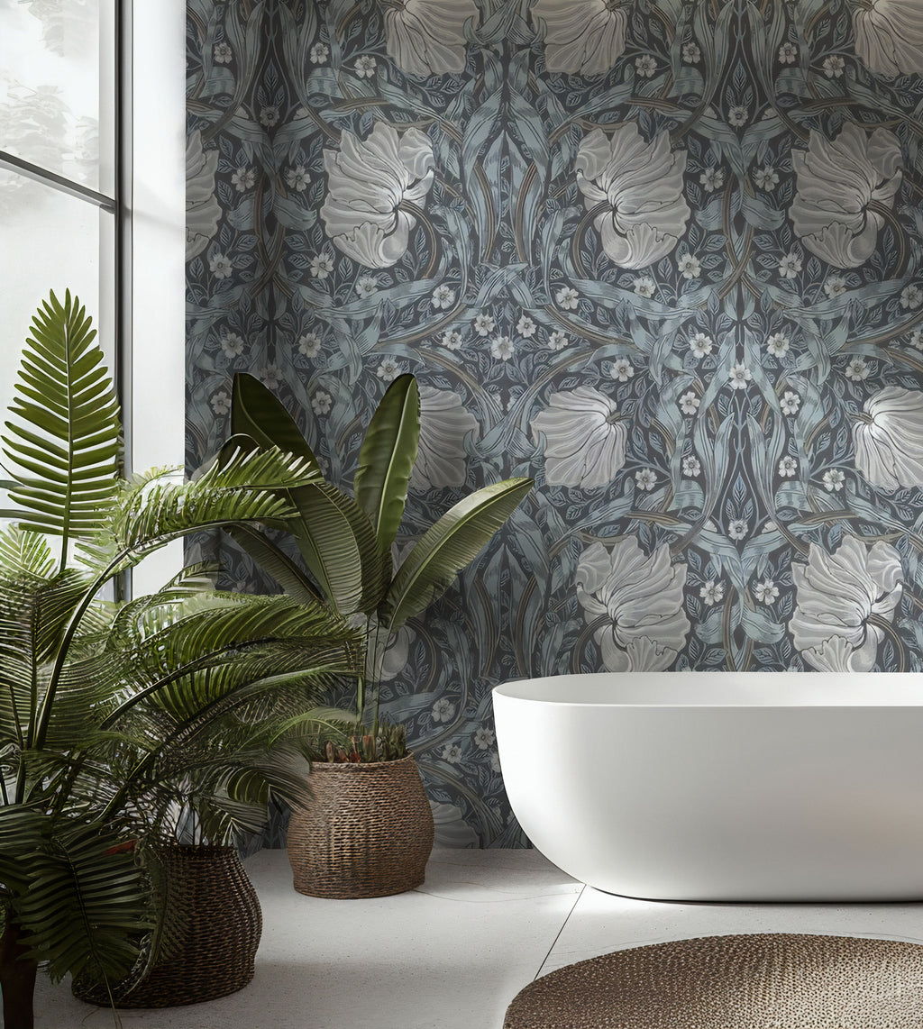 Smoke Blue Damask Wallpaper : Silver Arts and Crafts Floral Mural - View 5