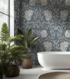 Smoke Blue Damask Wallpaper : Silver Arts and Crafts Floral Mural - View 5
