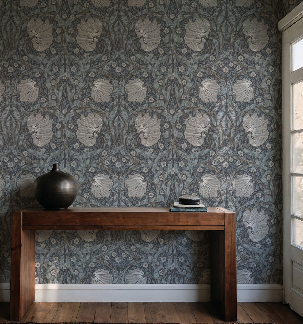 Smoke Blue Damask Wallpaper : Silver Arts and Crafts Floral Mural - View 3
