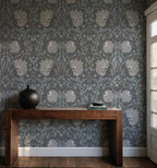 Smoke Blue Damask Wallpaper : Silver Arts and Crafts Floral Mural - View 3