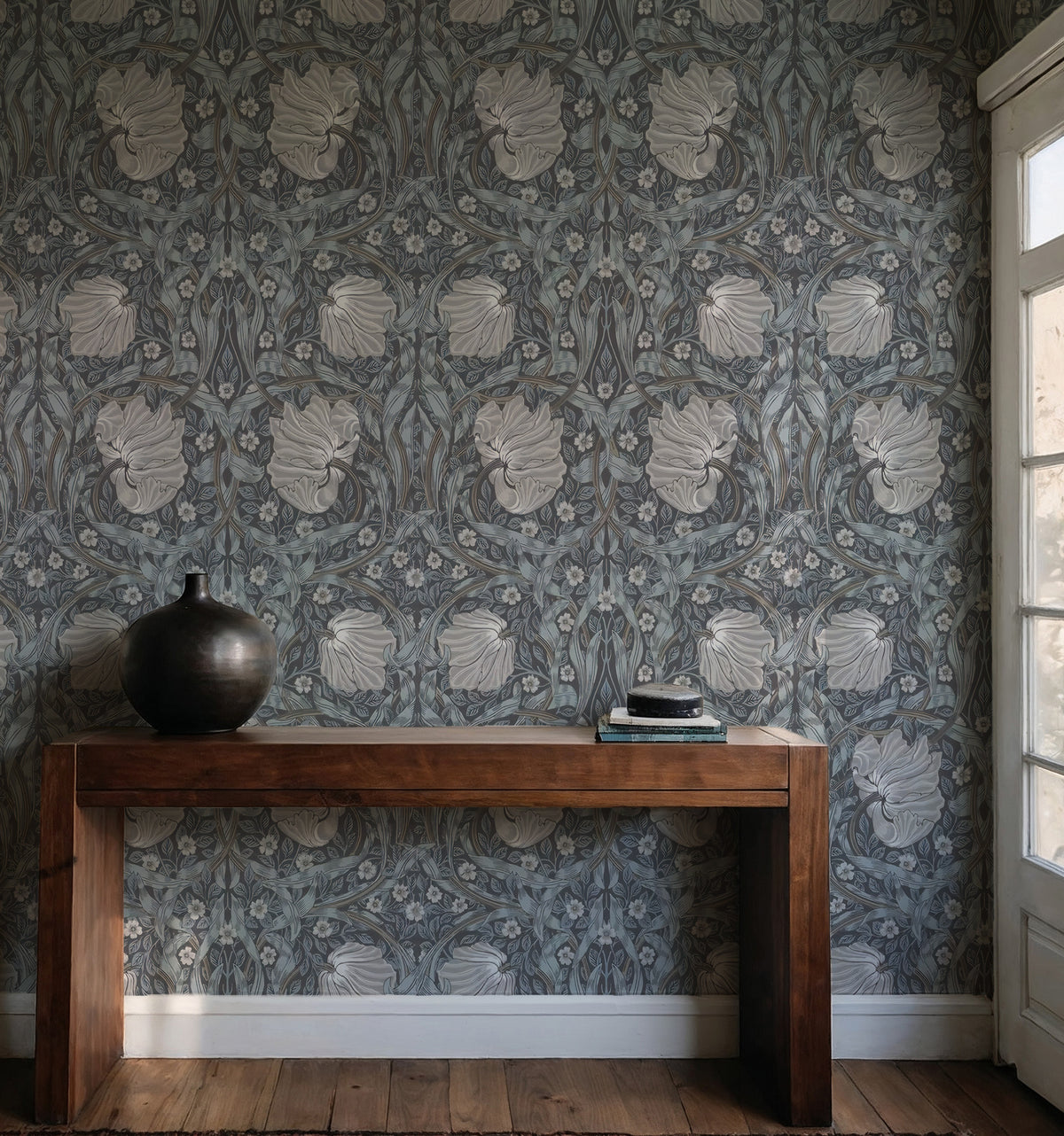 Smoke Blue Damask Wallpaper : Silver Arts and Crafts Floral Mural - View 3