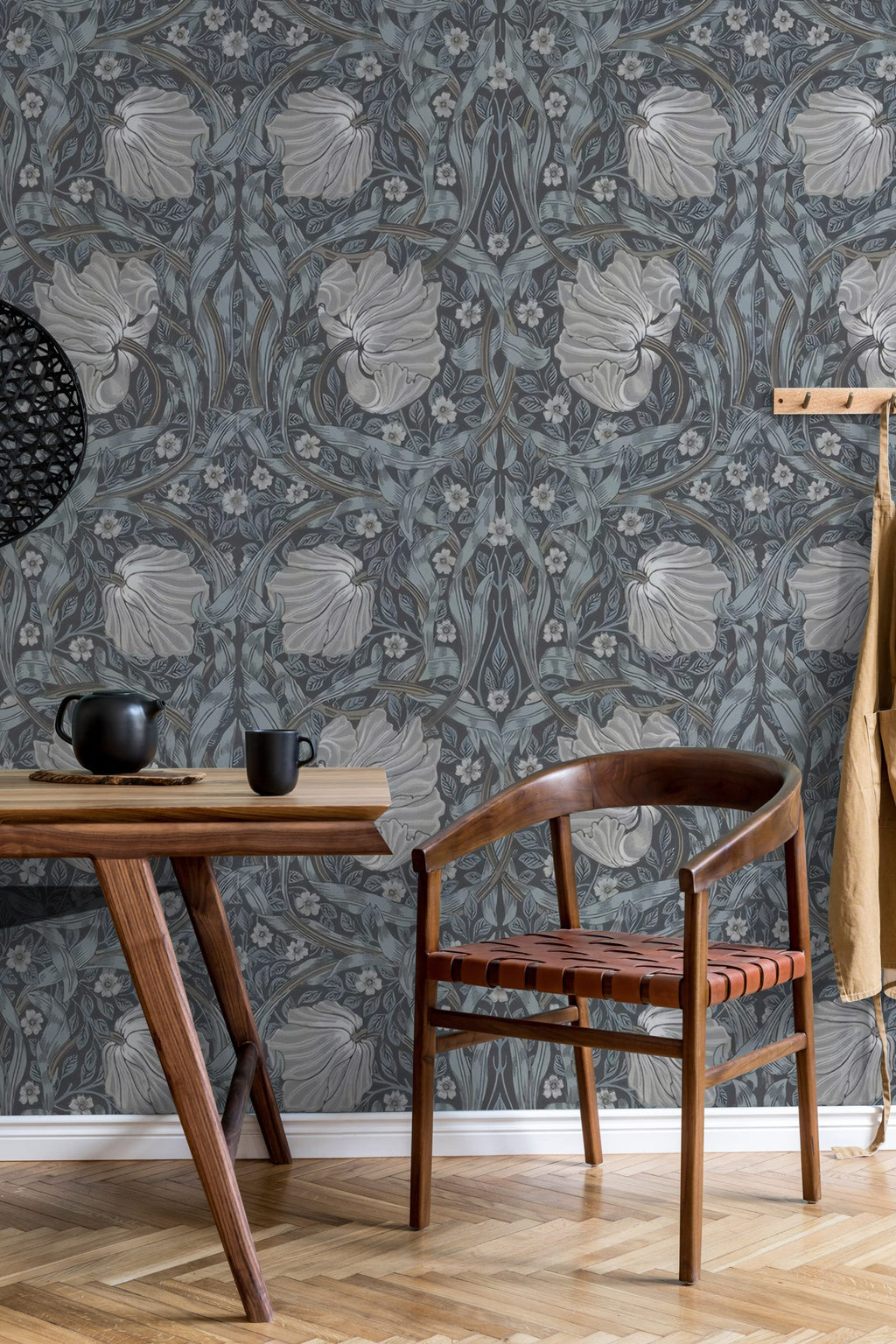 Smoke Blue Damask Wallpaper : Silver Arts and Crafts Floral Mural - View 4