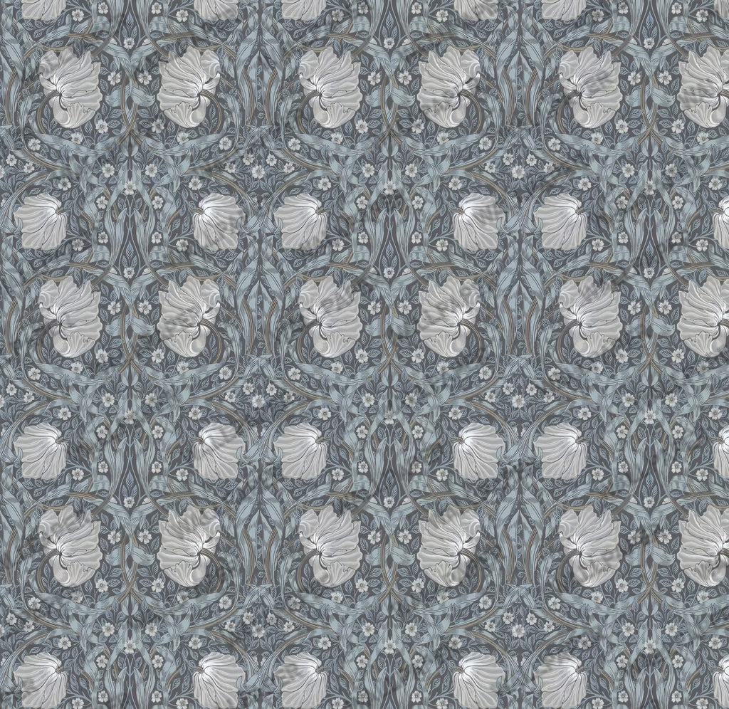 Smoke Blue Damask Wallpaper : Silver Arts and Crafts Floral Mural - View 2