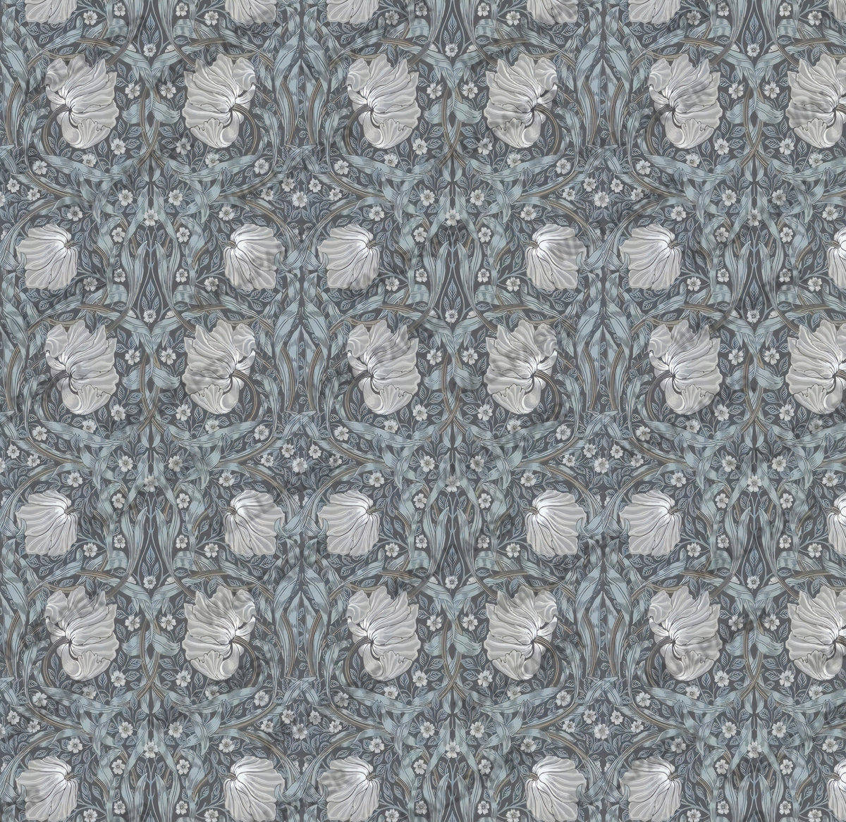 Smoke Blue Damask Wallpaper : Silver Arts and Crafts Floral Mural - View 2