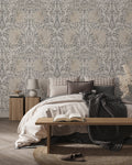 Pale Blue Victorian Damask Wallpaper : Classic Grey Scroll Mural