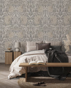 Pale Blue Victorian Damask Wallpaper : Classic Grey Scroll Mural
