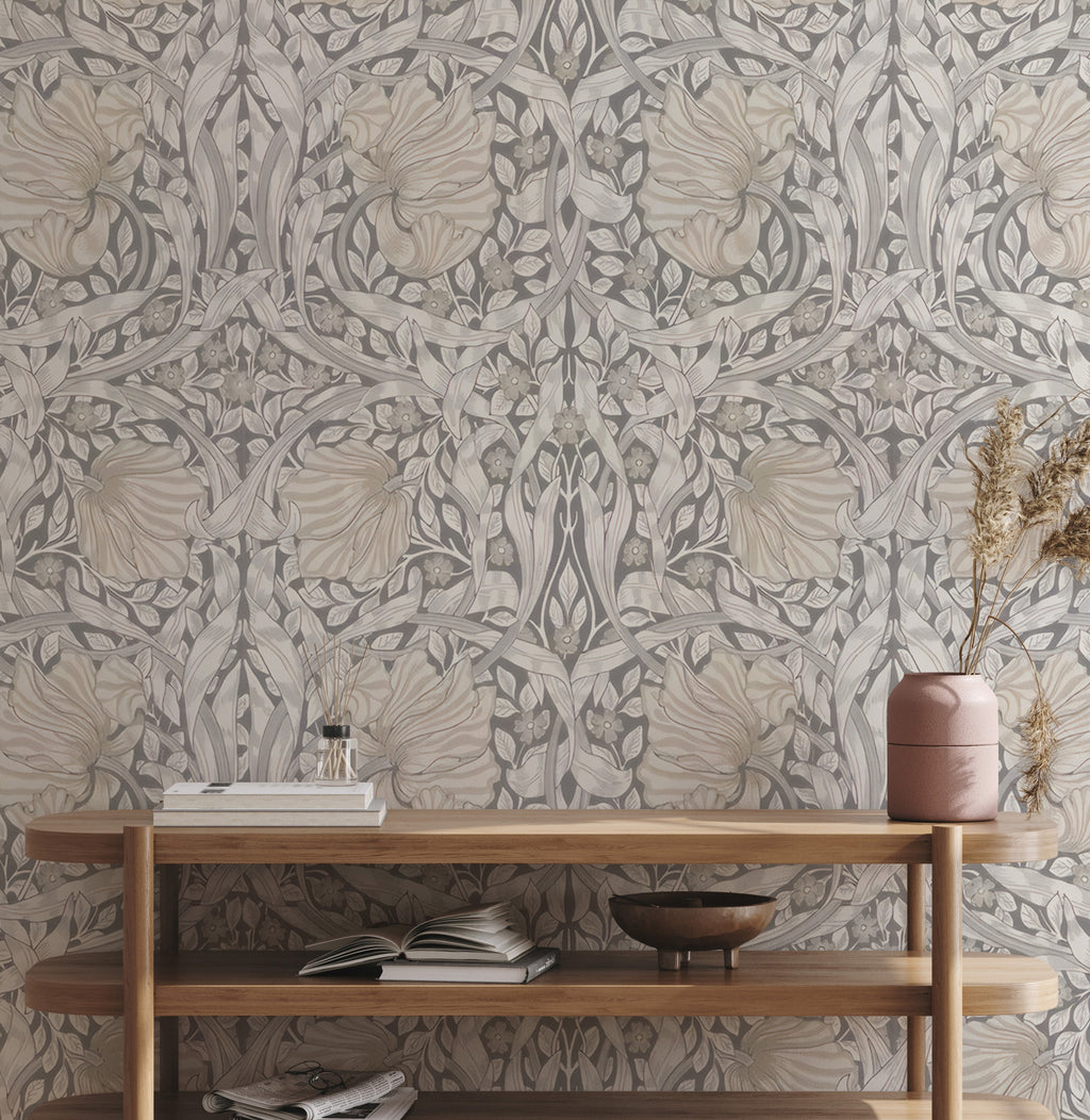 Pale Blue Victorian Damask Wallpaper : Classic Grey Scroll Mural - View 3