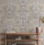 Pale Blue Victorian Damask Wallpaper : Classic Grey Scroll Mural - View 3