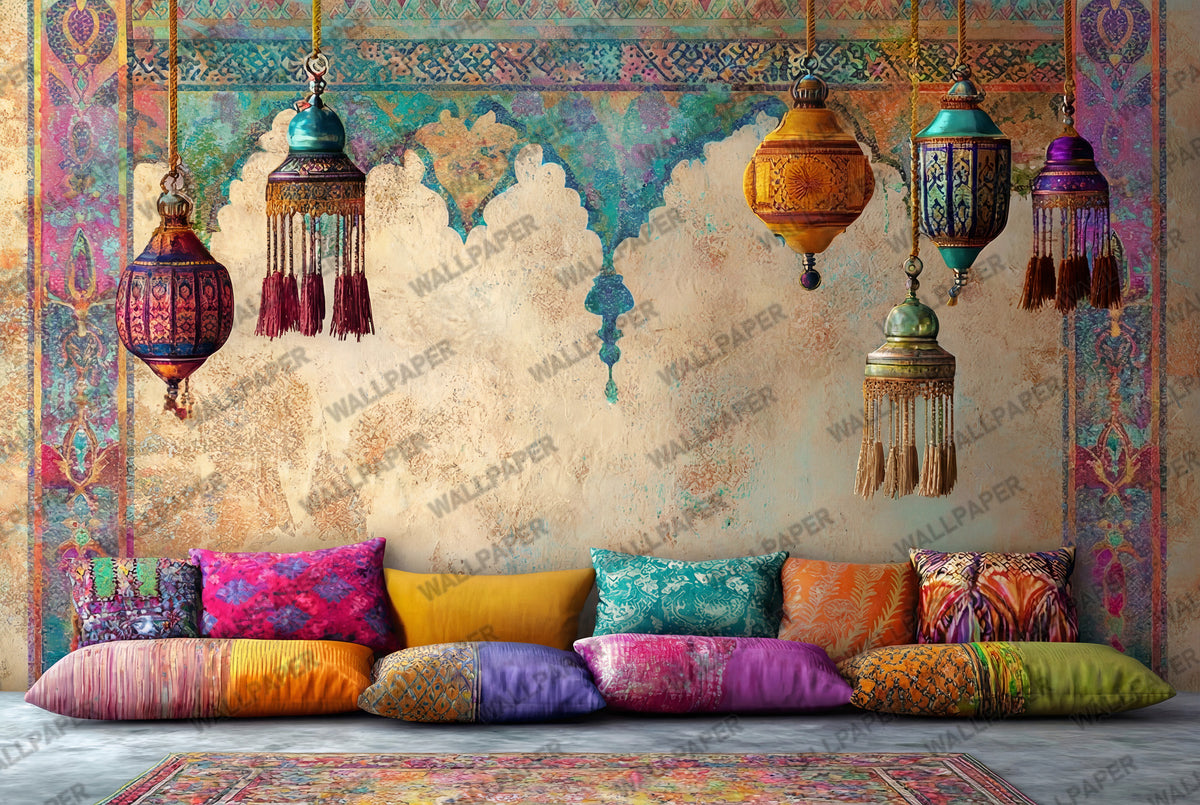 Moroccan Lantern Wallpaper : Ethnic Arch and Tassel Wall Mural - View 2
