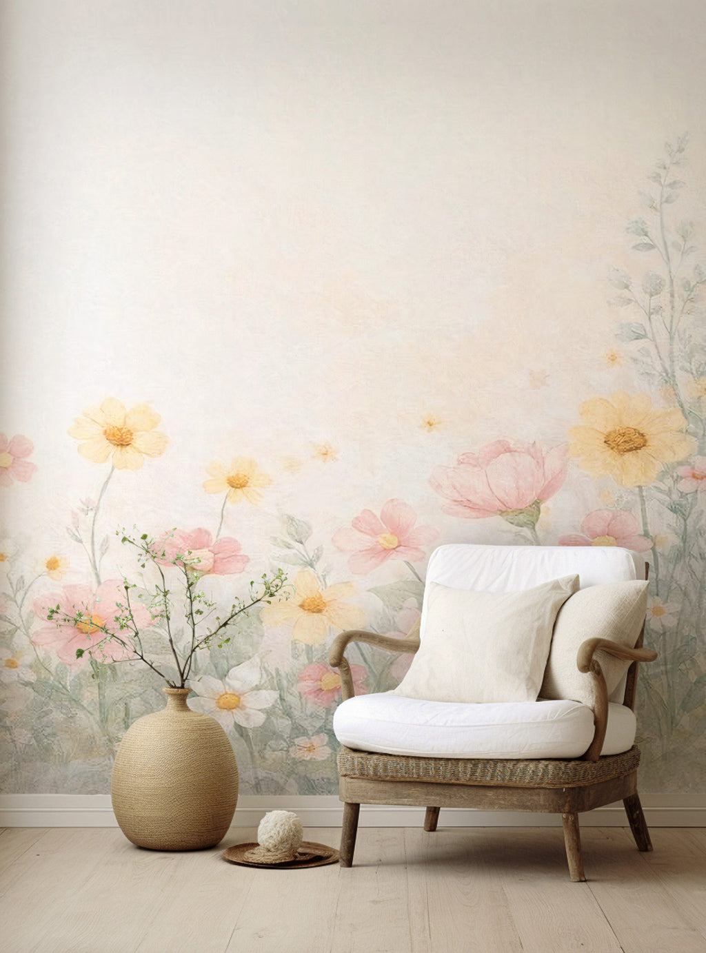 Soft Flower Meadow Wallpaper : Pale Watercolour Floral Wall Mural