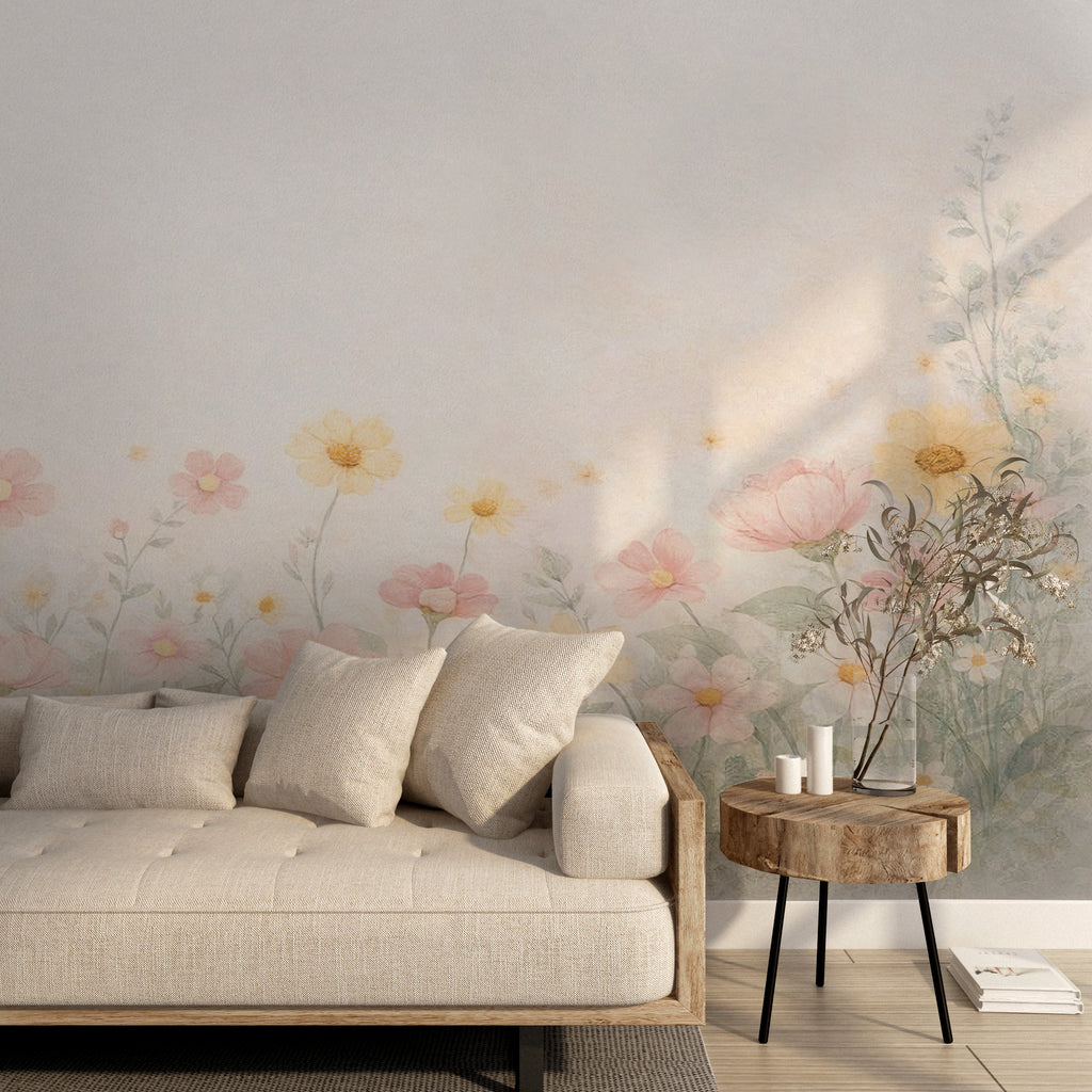Soft Flower Meadow Wallpaper : Pale Watercolour Floral Wall Mural - View 3