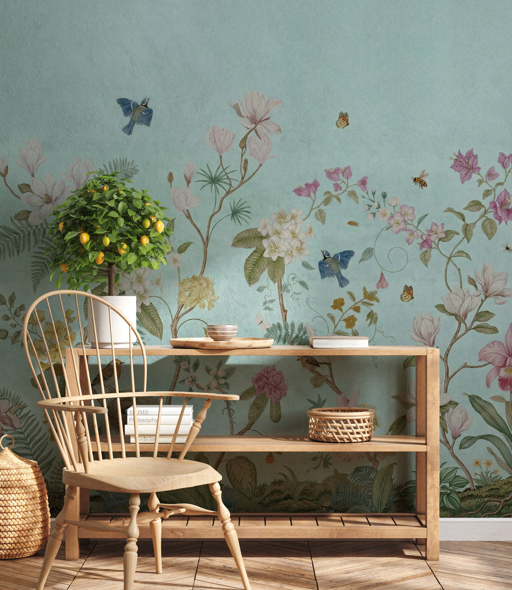 Pale Blue Magnolia Wallpaper : Botanical Border Butterfly Wall Mural - View 3