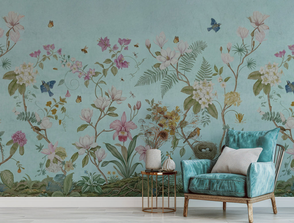 Pale Blue Magnolia Wallpaper : Botanical Border Butterfly Wall Mural - View 5