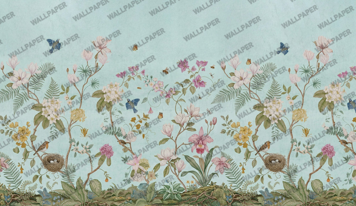 Pale Blue Magnolia Wallpaper : Botanical Border Butterfly Wall Mural - View 2