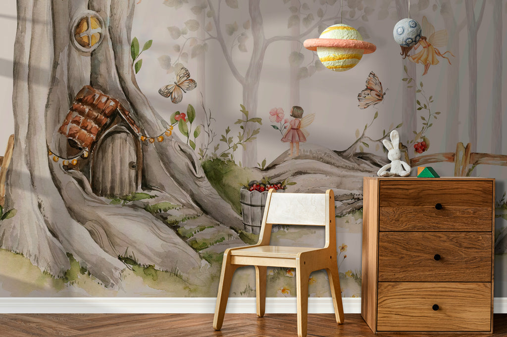 Fairy Tree House Wallpaper : Watercolour Woodland Kids Wall Mural - View 3