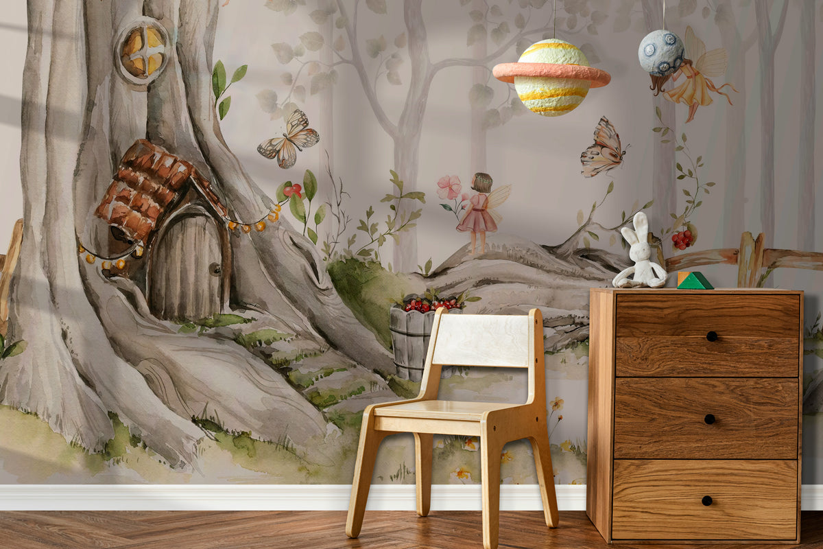 Fairy Tree House Wallpaper : Watercolour Woodland Kids Wall Mural - View 3