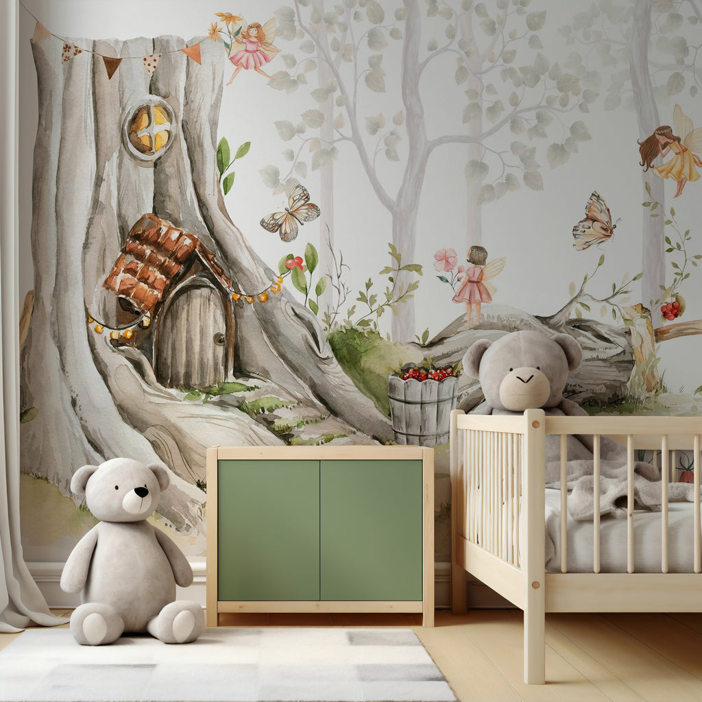Fairy Tree House Wallpaper : Watercolour Woodland Kids Wall Mural - View 4
