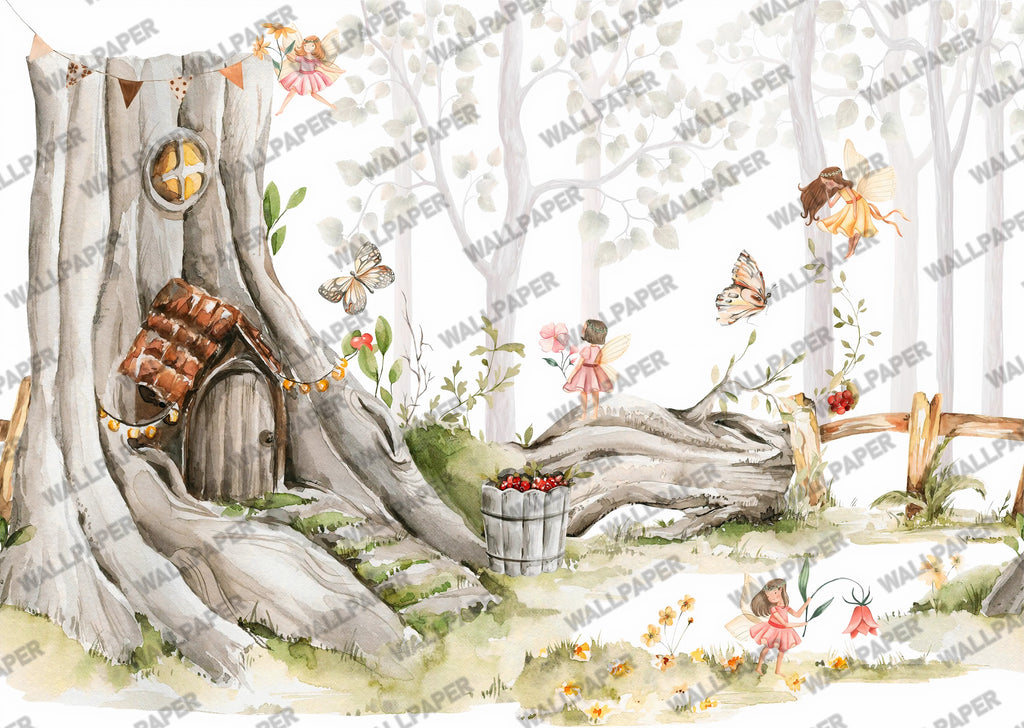 Fairy Tree House Wallpaper : Watercolour Woodland Kids Wall Mural - View 2