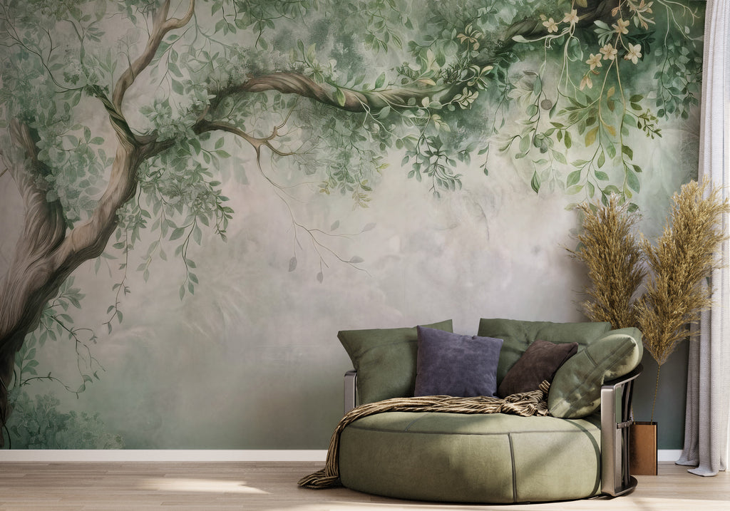 Sage Overhanging Tree Wallpaper : Soft Plaster Branch Wall Mural - View 4