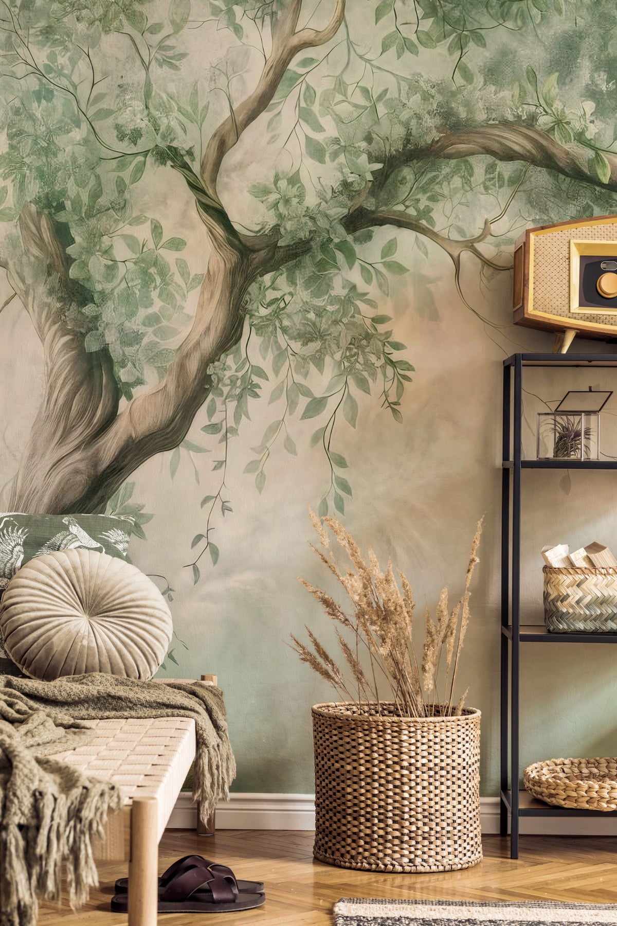 Sage Overhanging Tree Wallpaper : Soft Plaster Branch Wall Mural - View 3
