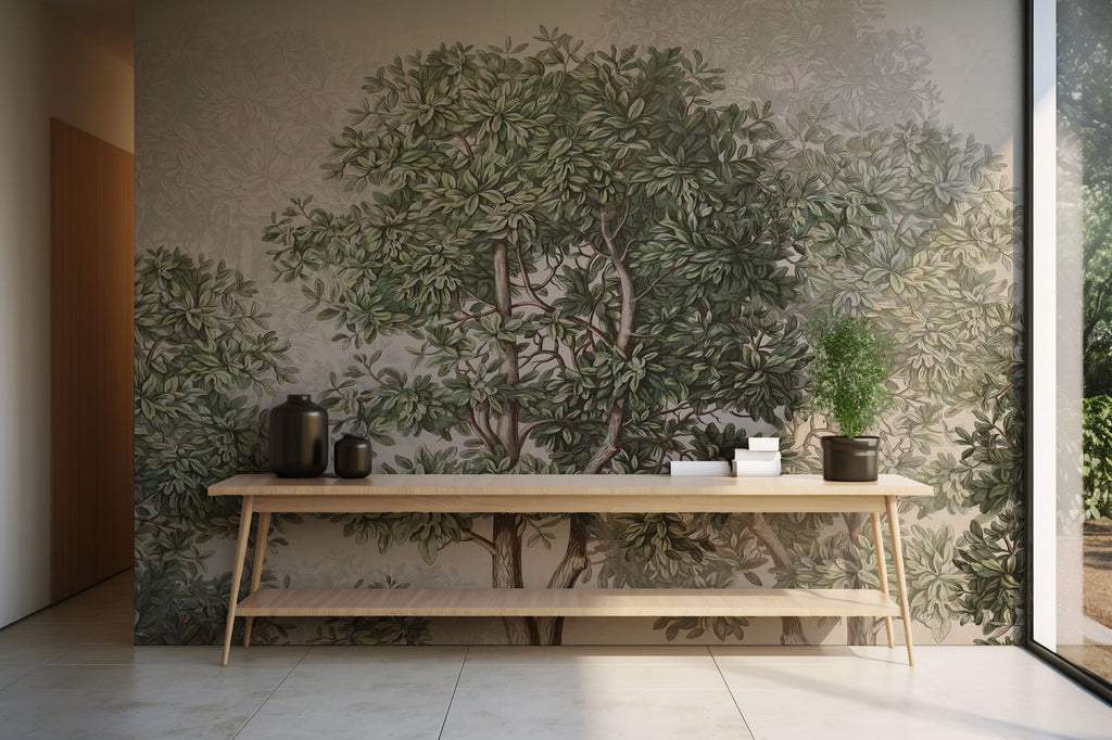 Green Leafy Tree Wallpaper : Soft Plaster Forest Wall Mural