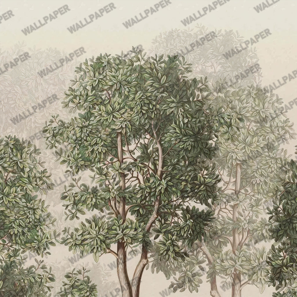 Green Leafy Tree Wallpaper : Soft Plaster Forest Wall Mural - View 3