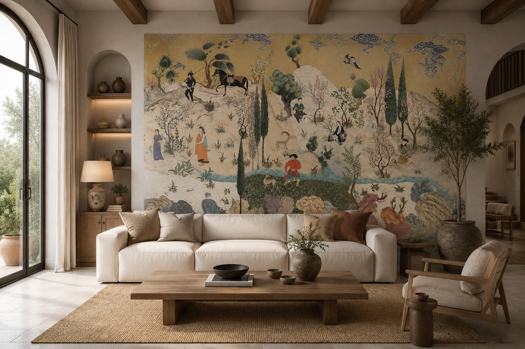 Cream Toile Scenic Wallpaper : Vintage Pastoral Figure Wall Mural