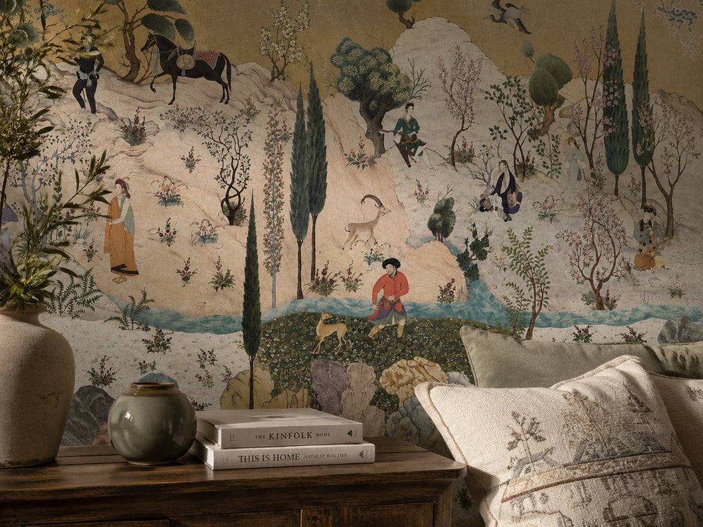 Cream Toile Scenic Wallpaper : Vintage Pastoral Figure Wall Mural - View 4