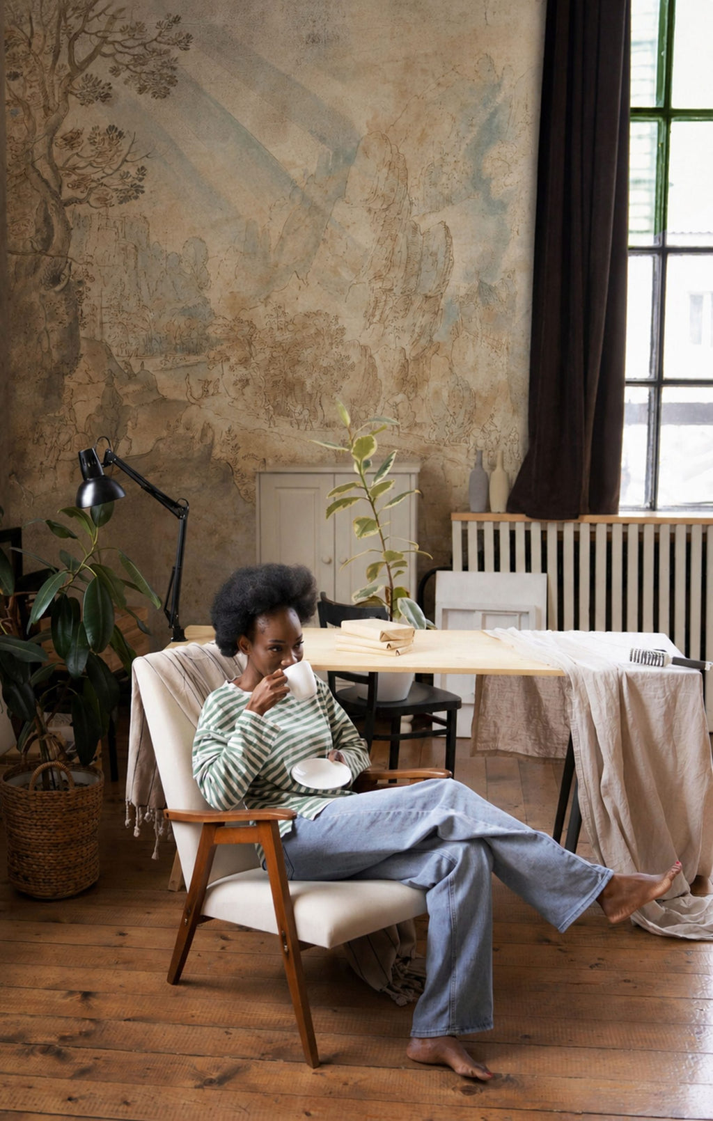 Aged Ochre Fresco Wallpaper : Faded Plaster Landscape Wall Mural - View 4