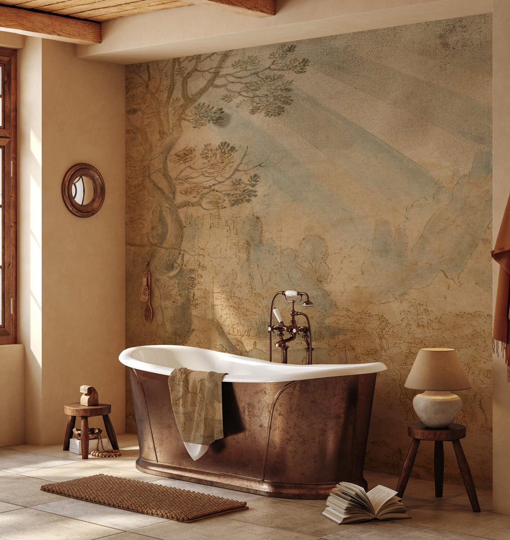 Aged Ochre Fresco Wallpaper : Faded Plaster Landscape Wall Mural - View 3
