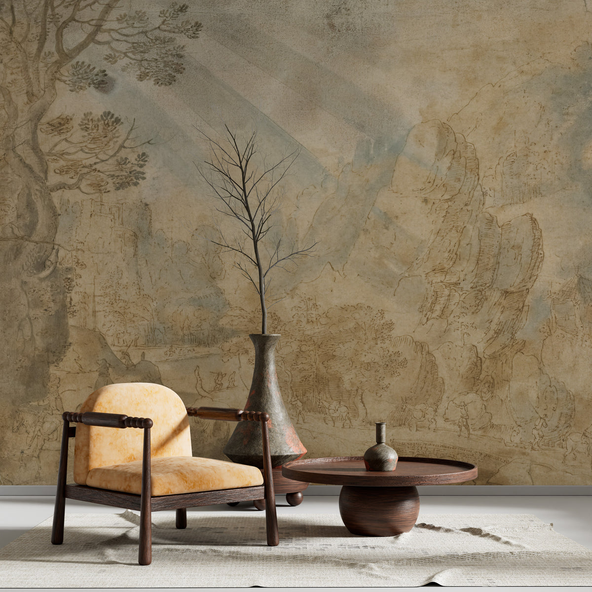 Aged Ochre Fresco Wallpaper : Faded Plaster Landscape Wall Mural