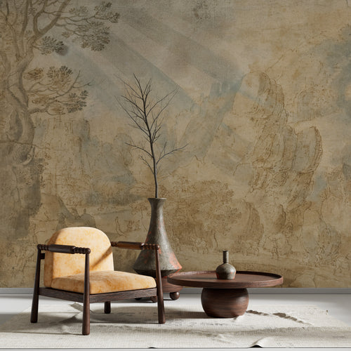 Aged Ochre Fresco Wallpaper : Faded Plaster Landscape Wall Mural