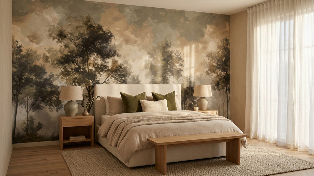 Misty Forest Wallpaper : Watercolour Woodland Scenic Mural - View 3