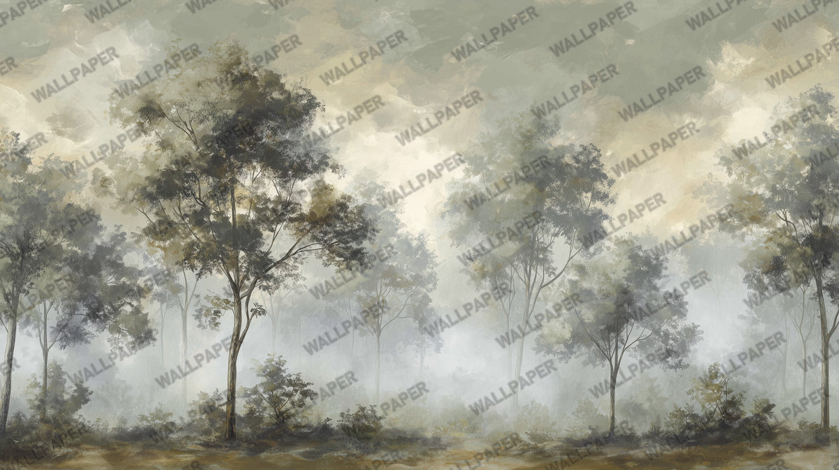 Misty Forest Wallpaper : Watercolour Woodland Scenic Mural - View 2