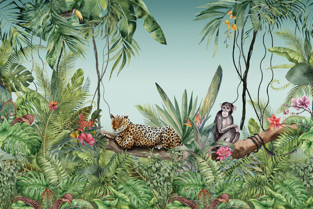 Monkey Leopard Jungle Wallpaper : Mint Tropical Safari Mural - View 2