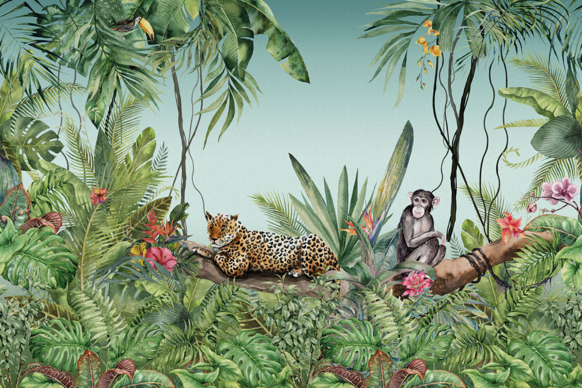 Monkey Leopard Jungle Wallpaper : Mint Tropical Safari Mural - View 2