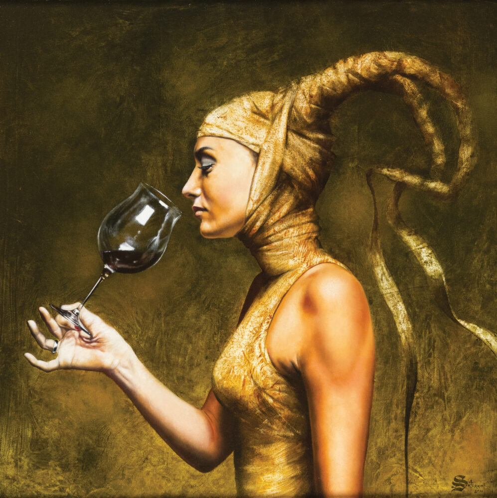 Wine Glass Woman Wallpaper : Golden Painted Portrait Mural - View 2