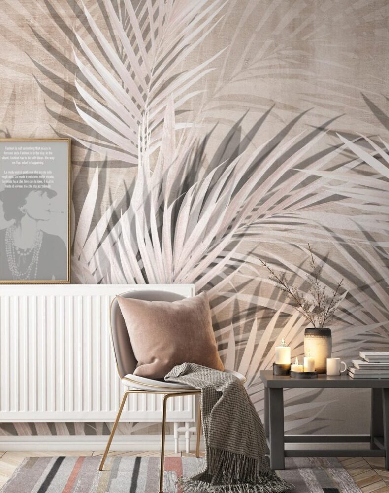 Pale Palm Leaf Shadow Wallpaper : Neutral Botanical Mural