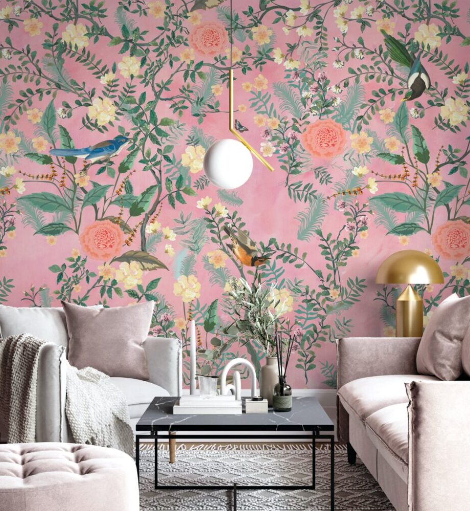 Pink Floral Bird Wallpaper : Coral Blossom Pattern - View 3