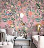 Pink Floral Bird Wallpaper : Coral Blossom Pattern - View 3