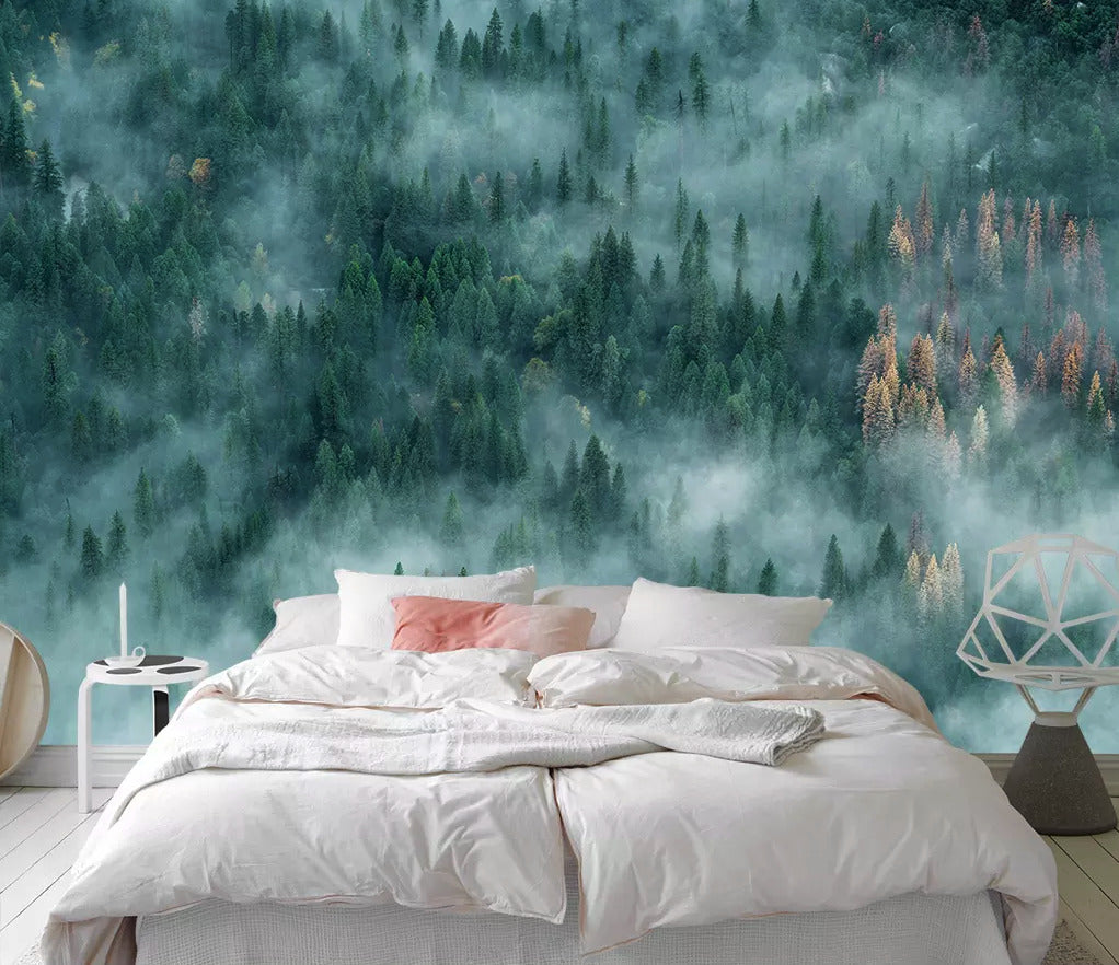 Foggy Pine Forest Wallpaper : Aerial Evergreen Mist Mural - View 3