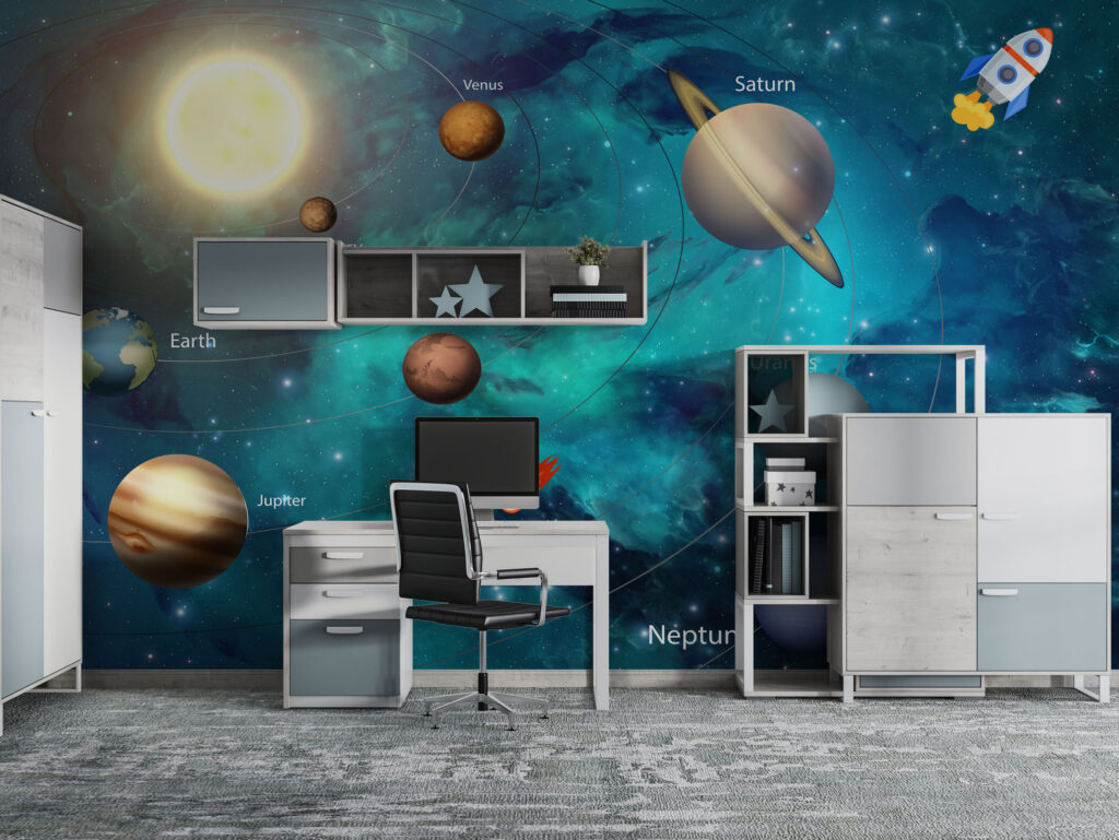 Solar System Wallpaper : Teal Galaxy Planets Kids Mural