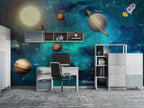 Solar System Wallpaper : Teal Galaxy Planets Kids Mural