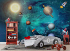 Solar System Wallpaper : Teal Galaxy Planets Kids Mural - View 2