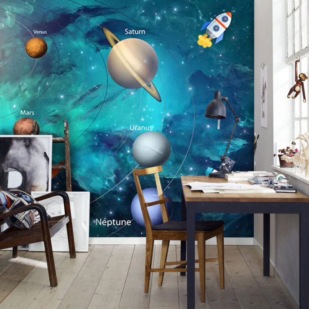 Solar System Wallpaper : Teal Galaxy Planets Kids Mural - View 5