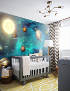 Solar System Wallpaper : Teal Galaxy Planets Kids Mural - View 3